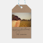 Rustieke Kraft papier Merry Christmas Script Foto Cadeaulabel (Voorkant)
