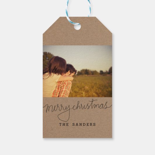Rustieke Kraft papier Merry Christmas Script Foto Cadeaulabel (Achterkant)