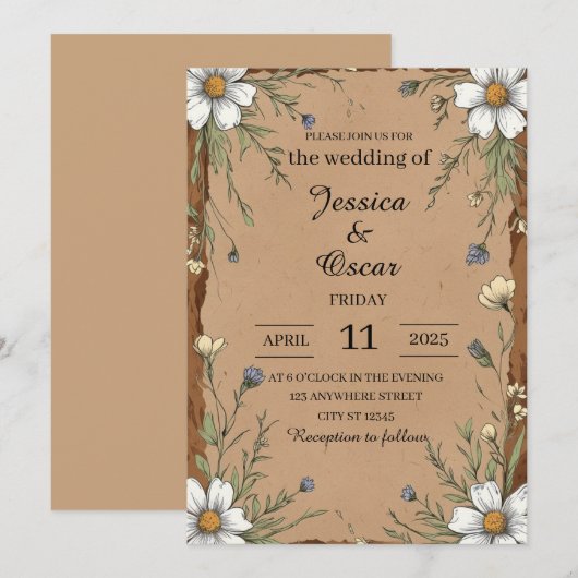Rustieke Kraft Papier met Wildflowers Wedding Kaart (Voorkant / Achterkant)