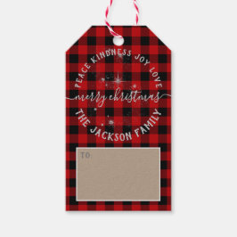 Rustieke Kraft Papier Rode Buffel Plaid Kerstmis Cadeaulabel