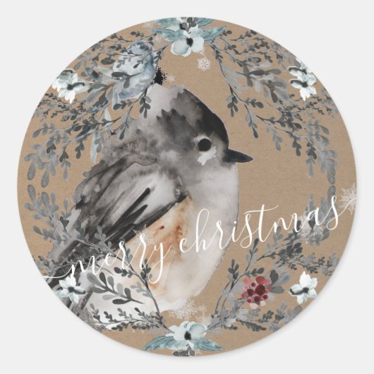 Rustieke Kraft Papier Sparrow Vogel Vrolijk Kerstf Ronde Sticker (Voorkant)