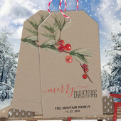 Rustieke Kraft Pine Red Berries Vrolijk Kerstfeest Cadeaulabel