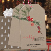 Rustieke Kraft Pine Red Berries Vrolijk Kerstfeest Cadeaulabel