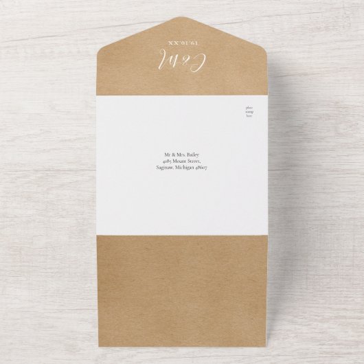 Rustieke Kraft QR-code Minimalistische Trouwdag All In One Uitnodiging (Buitenkant)