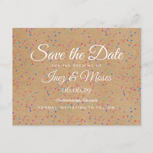 Rustieke Kraft Regenboog Confetti Save the Date Aankondigingskaart (Voorkant)
