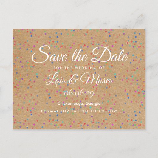 Rustieke Kraft Regenboog Confetti Save the Date Briefkaart (Voorkant)