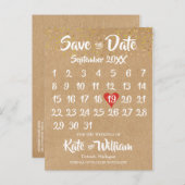 Rustieke Kraft Rode Hart Kalender Save the Date Aankondigingskaart (Voorkant / Achterkant)
