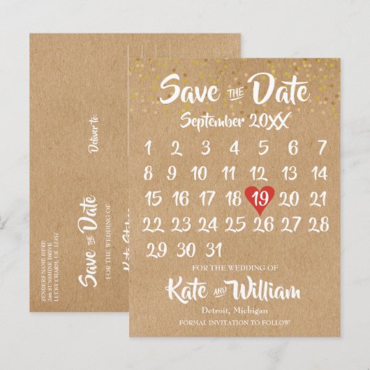 Rustieke Kraft Rode Hart Kalender Save the Date Aankondigingskaart (Voorkant / Achterkant)