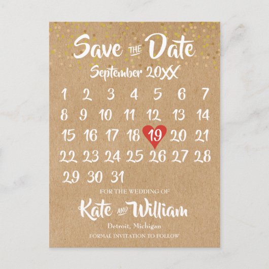 Rustieke Kraft Rode Hart Kalender Save the Date Aankondigingskaart (Voorkant)