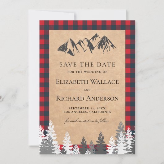 Rustieke Kraft Rood Buffalo Geruite Berg Bruiloft Save The Date (Voorkant)