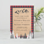 Rustieke Kraft Rood Buffalo Geruite Berg Bruiloft Save The Date (Staand voorkant)