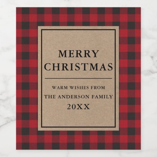 Rustieke Kraft Rood Plaid Vrolijk Kerstfeest Wijn Etiket (Enkel label)