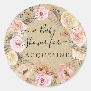 Rustieke Kraft roze bloemenkrans w vlinders Ronde Sticker