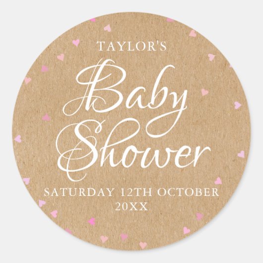 Rustieke kraft roze harten baby shower ronde sticker (Voorkant)