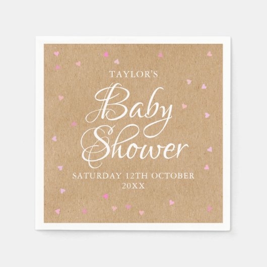 Rustieke kraft roze harten baby shower servet (Voorkant)