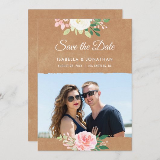 Rustieke Kraft Roze Roos Bloem Bruine Fotolijst Save The Date (Voorkant / Achterkant)