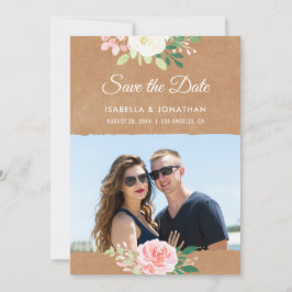 Rustieke Kraft Roze Roos Bloemige Bruine Fotolijst Save The Date