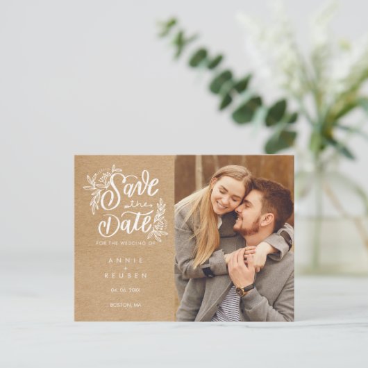 Rustieke Kraft Save the Date Foto Handschrift Briefkaart (Staand voorkant)