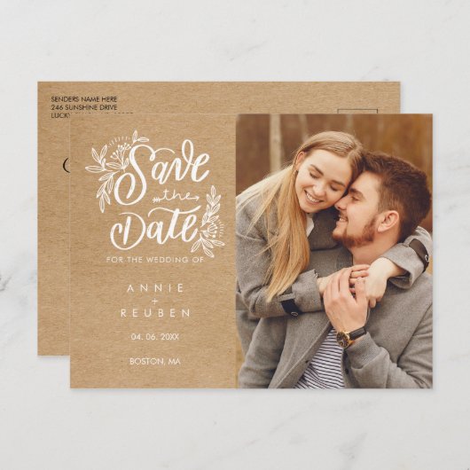 Rustieke Kraft Save the Date Foto Handschrift Briefkaart (Voorkant / Achterkant)