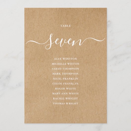 Rustieke Kraft Script Tafel Nummer Zitplaatskaart Kaart (Voorkant)