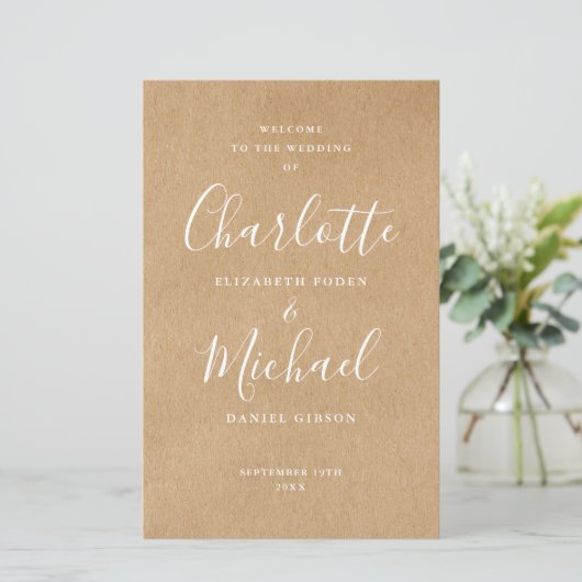 Rustieke Kraft Signature Script Wedding Program (Staand voorkant)