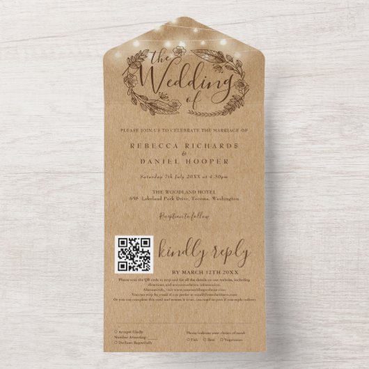 Rustieke Kraft Slingers Huwelijk QR Code All In One Uitnodiging (Binnen)