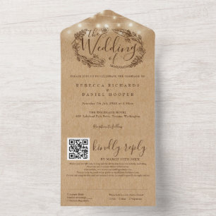Rustieke Kraft Slingers Huwelijk QR Code All In One Uitnodiging
