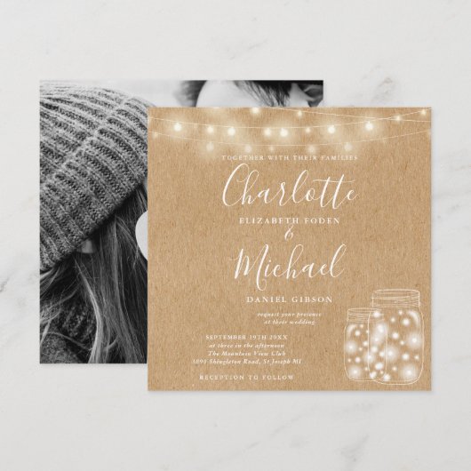 Rustieke Kraft Snaar Licht Metselaars Pot Huwelijk Kaart (Voorkant / Achterkant)