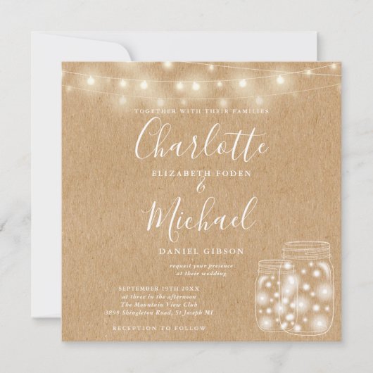 Rustieke Kraft Snaar Licht Metselaars Pot Huwelijk Kaart (Voorkant)