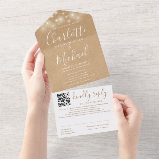 Rustieke Kraft Snaar Lichtjes QR Code Trouwen All In One Uitnodiging (Afscheurbaar)