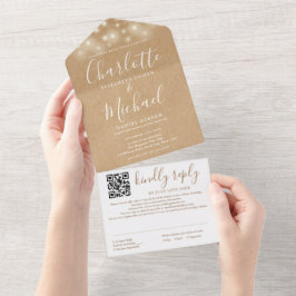 Rustieke Kraft Snaar Lichtjes QR Code Trouwen  All In One Uitnodiging