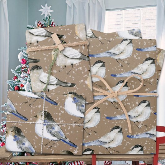 Rustieke Kraft Sneeuwwitje Zwart & Blauw Chickadee Inpakpapier Vel
