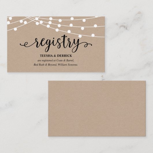 Rustieke kraft string lichten, bruiloft register informatiekaartje (Voorkant / Achterkant)