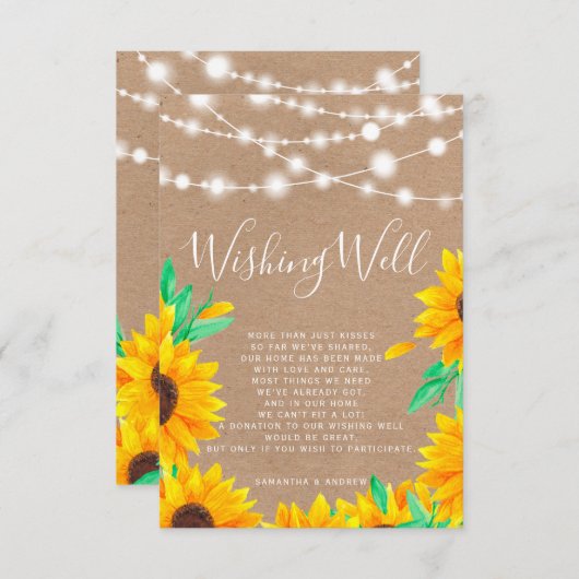 Rustieke kraft string lichten zonnebloemen wensen informatiekaartje (Voorkant / Achterkant)