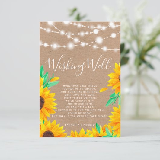 Rustieke kraft string lichten zonnebloemen wensen  informatiekaartje (Staand voorkant)