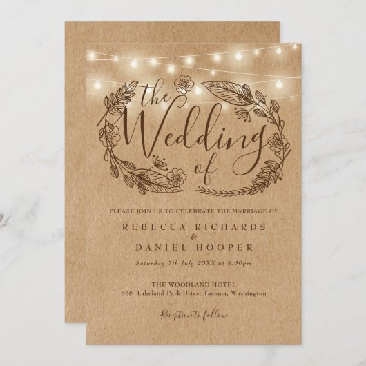 Rustieke Kraft String Lights Bloemen bruiloft Kaart (Voorkant / Achterkant)