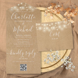 Rustieke Kraft String Lights QR Code Bruiloft All In One Uitnodiging
