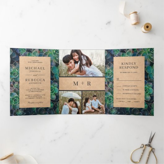 Rustieke Kraft Succulenten Foto Collage Bruiloft Drieluik Uitnodiging (Binnen)