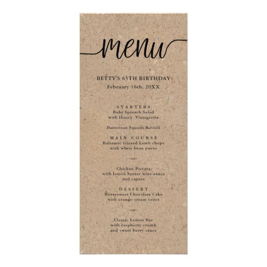 Rustieke Kraft Swash Script Tall Menu Kaart (Voorkant)