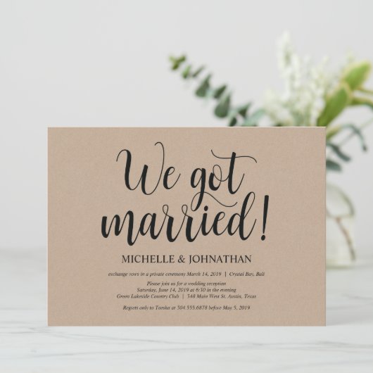 Rustieke Kraft Trouw Elopement Ontvangst Uitnodigi Kaart (Staand voorkant)