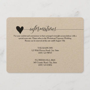 Rustieke Kraft Trouwbehuizing, hart kalligrafie Informatiekaartje
