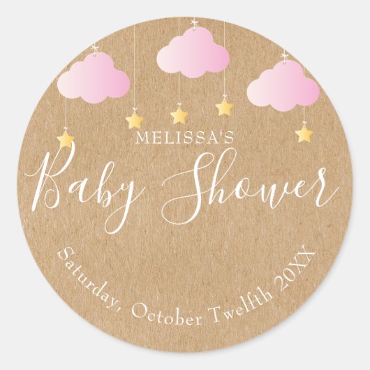 Rustieke kraft twinkel twinkel baby shower roze ronde sticker (Voorkant)