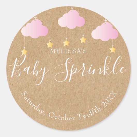 Rustieke kraft twinkle sprinkle baby shower roze ronde sticker (Voorkant)