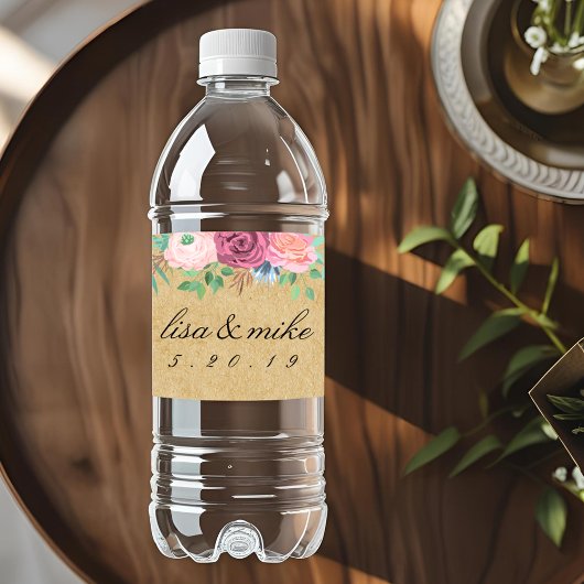 Rustieke Kraft Waterverf Bloem Bruiloft Waterfles Etiket