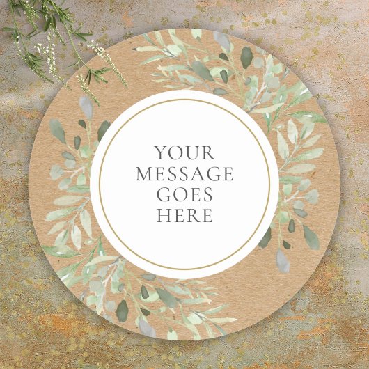 Rustieke Kraft Waterverf Groene Bladeren Ronde Sticker