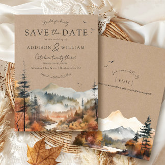 Rustieke Kraft Waterverf Herfst Boom Berg Bruiloft Save The Date