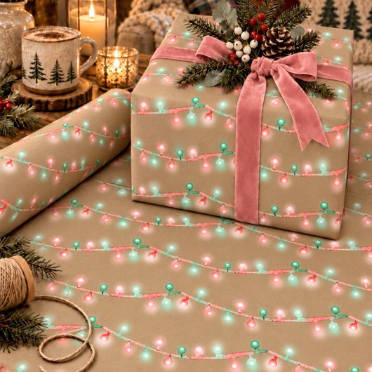 Rustieke Kraft Waterverf Kerst Slingerlichten Cadeaupapier