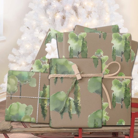 Rustieke Kraft Waterverf Woodland Tree Scenes Gift Inpakpapier Vel