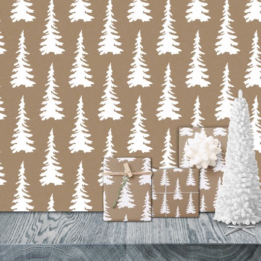 Rustieke Kraft White Woodland Kerstspar Bomen Inpakpapier Vel