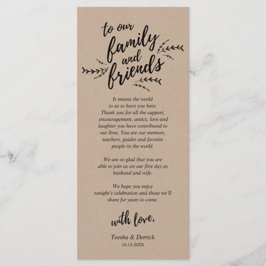 Rustieke Kraft wijnstokken, plaats instelling Dank Programmakaart (Voorkant)